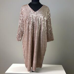 Alfani Prima long sleeved v-neck. Gold sequins, lined, back zip, knee length, 14
